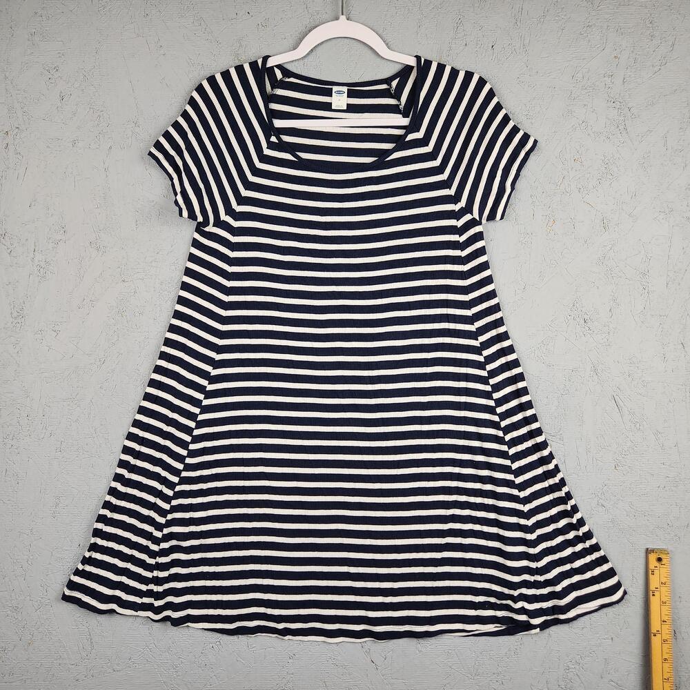 Old Navy Dress Womens Medium Navy White Striped A Line Swing Short Sleeve Ribbed